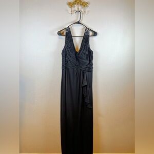 Calvin Klein Black Formal Gown. Rouged bodice w/Rhinestone Detailing. Size 12